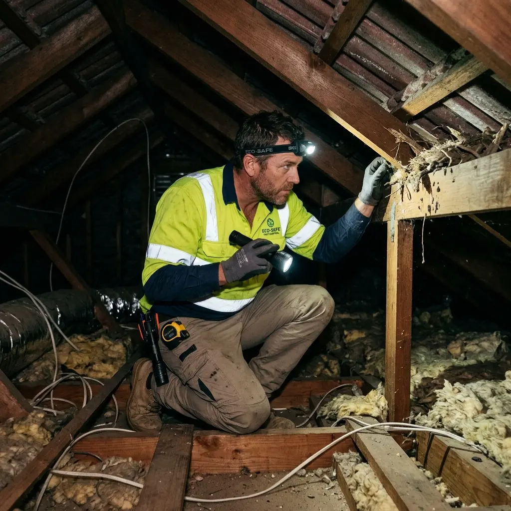 Technician inspecting a Fyansford roof cavity for a dead possum